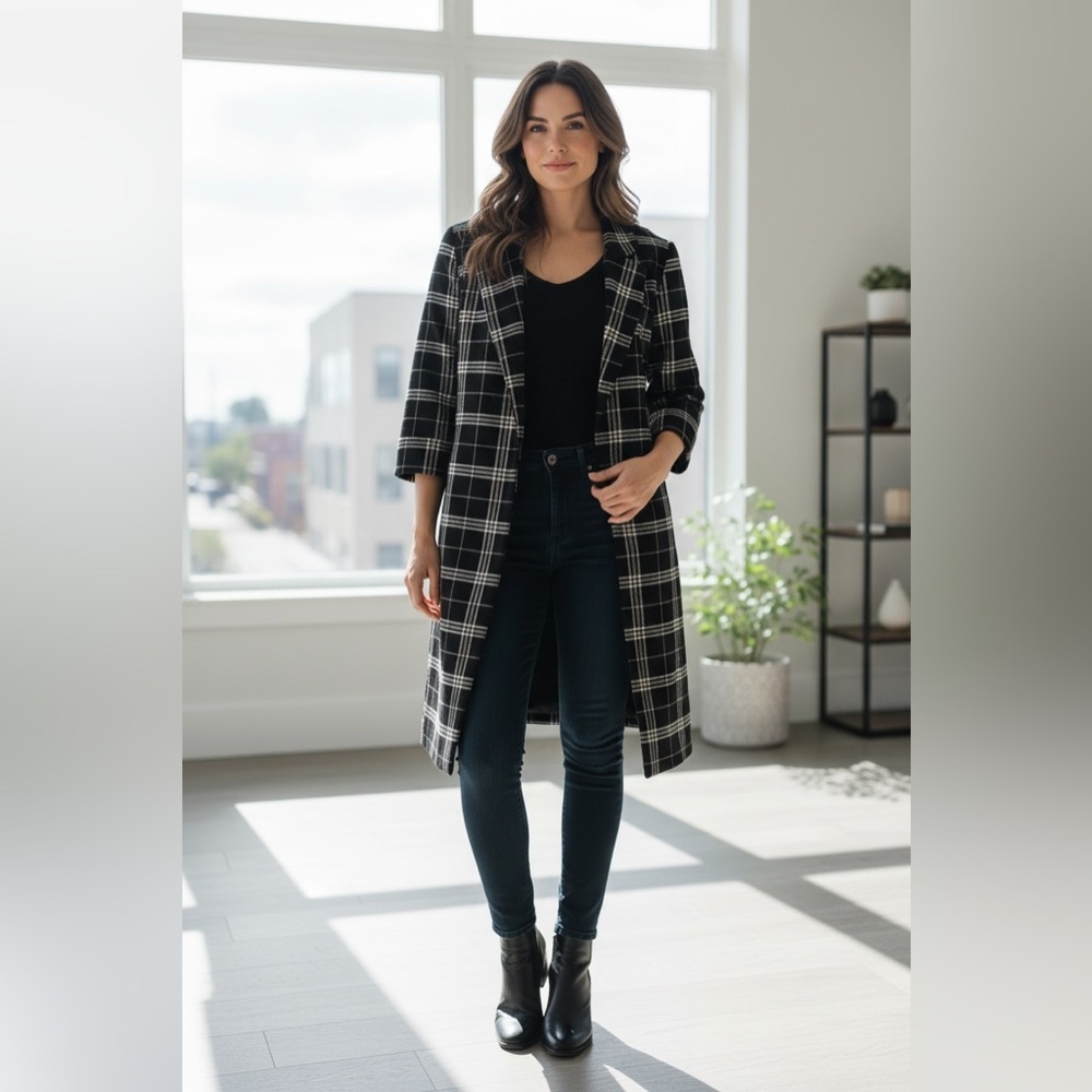 Le Chateau Open Long Blazer Black/ White checker print with pockets SZ: XS/S